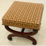 A VICTORIAN MAHOGANY DRESSING STOOL, C1860, ON DOUBLE C SCROLL LEGS UNITED BY A SPIRAL STRETCHER,