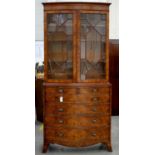 A GEORGE III STYLE BURR WALNUT BOW FRONTED SECRETAIRE BOOKCASE ON SPLAYED BRACKET FEET, 220CM H; 100