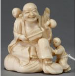 A JAPANESE IVORY OKIMONO OF HOTEI, MEIJI PERIOD, 75MM H, UNSIGNED Lacks left hand