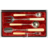 AN EDWARDIAN EPNS SERVING SET, C1900, BONE HAFTED, COMPRISING FORK, CHEESE SCOOP, EGG SPOON, BREAD