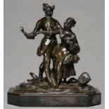 A FRENCH FIN DE SIECLE BRONZED SPELTER GROUP OF A GIRL AND GALLANT, C1900, ON BELGE NOIR BASE,