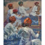 ROY PETTITT (1935-) - JODHPUR MUSICIANS, SIGNED WITH INITIALS, OIL ON HARDBOARD, 34 X 29CM Good