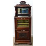 A LATE VICTORIAN MAHOGANY MUSIC CABINET, C1900, WITH BEVELLED MIRROR INSET BACK AND FALL FRONT
