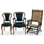 A VICTORIAN CARVED OAK OPENWORK ELBOW CHAIR AND A DINING CHAIR EN SUITE AND A BEECH AMERICAN ROCKING