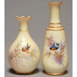 TWO LOCKE & CO WORCESTER VASES, C1902-14, PAINTED WITH A BIRD ON A RAISED GILT BRANCH, ON SHADED