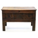 A WILLIAM AND MARY OAK CHEST WITH APPLIED MOULDING ON UNUSUALLY TALL STYLES, THE INTERIOR WITH A