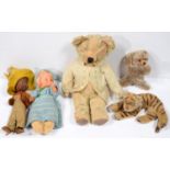 MISCELLANEOUS SOFT TOYS, SECOND QUARTER 20TH C, TO INCLUDE A FELT CHARACTER DOLL IN CHEQUERED
