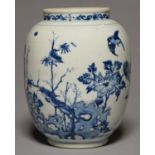 A CHINESE BLUE AND WHITE JAR, PAINTED WITH BIRDS, BAMBOO AND TREE PEONY, 26CM H Good condition
