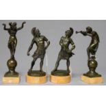 TWO PAIRS OF MINIATURE BRONZED SPELTER STATUETTES, C1900, ON ROUND OR SQUARED VIENNA MARBLE BASE, 18