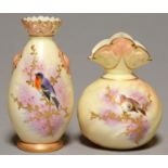 TWO LOCKE & CO WORCESTER VASES, C1902-14, PAINTED WITH A BIRD ON A RAISED GILT BRANCH, ON SHADED