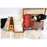 MISCELLANEOUS 19TH AND EARLY 20TH C COSTUME, TO INCLUDE CLERGYMAN'S STOLE, LEATHER SUITCASE, GENERAL