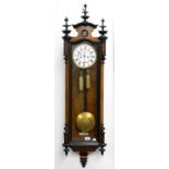A WALNUT AND EBONISED VIENNA WALL CLOCK, C1900, WITH TWO BRASS WEIGHTS AND PENDULUM, 123CM H
