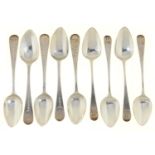 A SET OF FIVE GEORGE III SILVER TEASPOONS, BRIGHT CUT, INITIALLED M T, BY J PERKINS I & J PERKINS