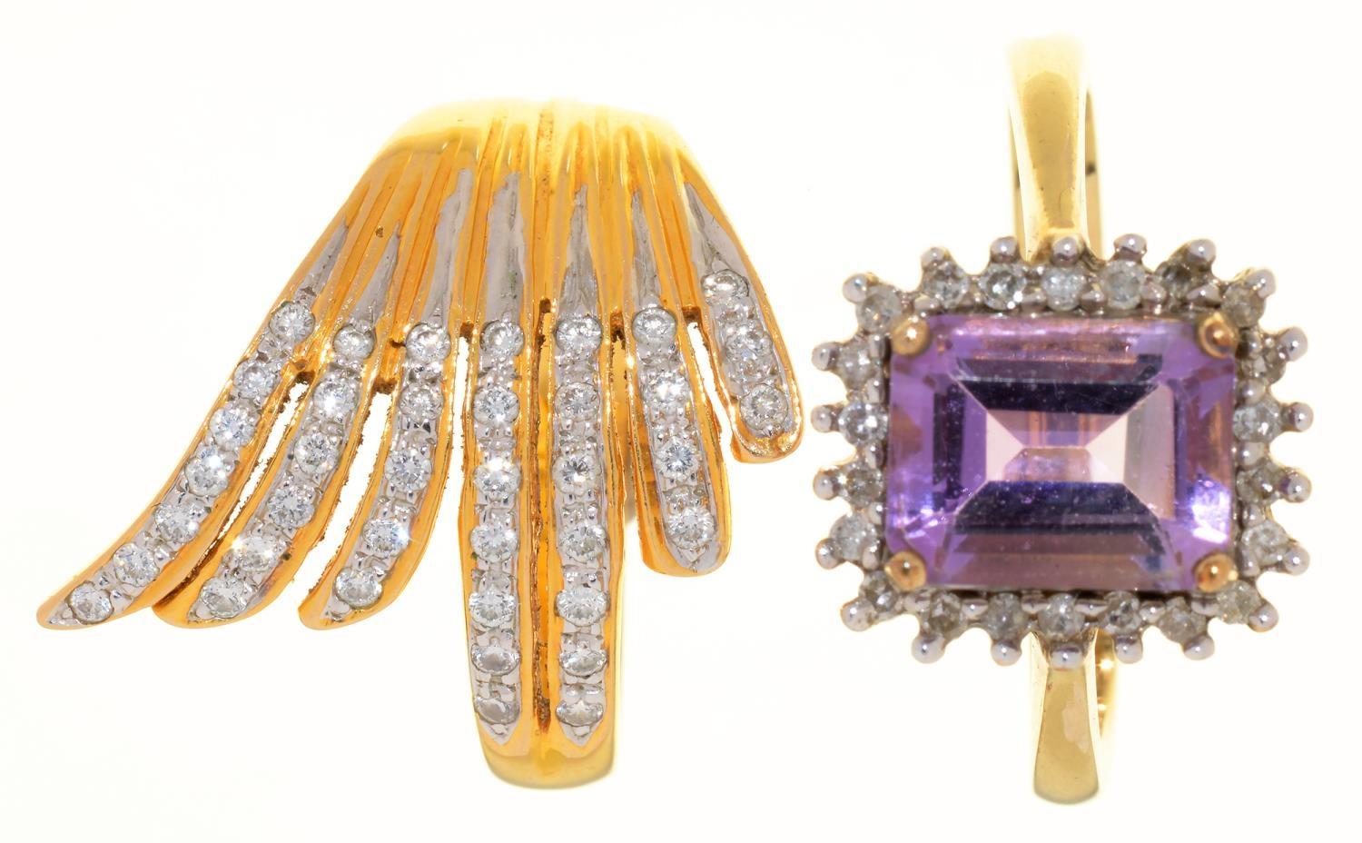 AN OBLONG STEP CUT AMETHYST AND DIAMOND CLUSTER RING, IN 9CT GOLD AND A DIAMOND DRESS RING IN