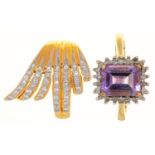 AN OBLONG STEP CUT AMETHYST AND DIAMOND CLUSTER RING, IN 9CT GOLD AND A DIAMOND DRESS RING IN