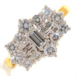 A DIAMOND CLUSTER RING WITH THREE LARGER CENTRAL EMERALD CUT DIAMONDS, IN 18CT GOLD, LONDON 2001,