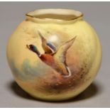 A ROYAL WORCESTER GLOBULAR VASE, 1908, PAINTED BY JAS STINTON, SIGNED, WITH A FLIGHTING MALLARD