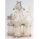 AN EDWARD VII SILVER CRUET FRAME AND SET OF CONTEMPORARY SILVER MOUNTED AND OTHER CUT GLASS