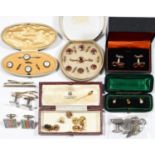 TWO PAIRS OF SILVER CUFFLINKS, A PAIR OF BIMETAL CUFFLINKS, A 1920'S GOLD PLATED METAL AND ENAMEL