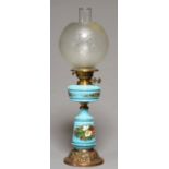 A VICTORIAN ENAMELLED BLEU CELESTE GLASS OIL LAMP, LATE 19TH C, WITH 'JEWELLED' BORDERS, ON EMBOSSED