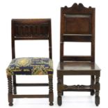 AN 18TH C PANELLED OAK HALL CHAIR, SEAT HEIGHT 40CM AND ANOTHER, SIMILAR, ON SPIRAL TURNED FRONT