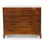 A GEORGE III MAHOGANY AND LINE INLAID SECRETAIRE CHEST, THE SECRETAIRE IN ONE OF THE NARROW DRAWERS,