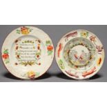 TWO MOULDED PEARLWARE CHILDREN'S PLATES, C1840, ONE PRINTED WITH A CHINESE FAMILY, THE OTHER WITH