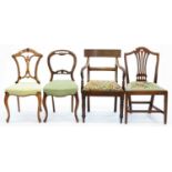 A VICTORIAN MAHOGANY ELBOW CHAIR, A CONTEMPORARY MAHOGANY DINING CHAIR, A CARVED MAHOGANY SALON