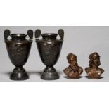 A PAIR OF ITALIAN MINIATURE BRONZE BUSTS OF TITIAN AND RAPHAEL, C1900, RICH LIGHT BROWN PATINA, 10CM