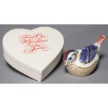 A ROYAL CROWN DERBY BIRD PAPERWEIGHT, 5.5CM H, PRINTED MARK, GILT STOPPER, BOXED AND A TIFFANY &