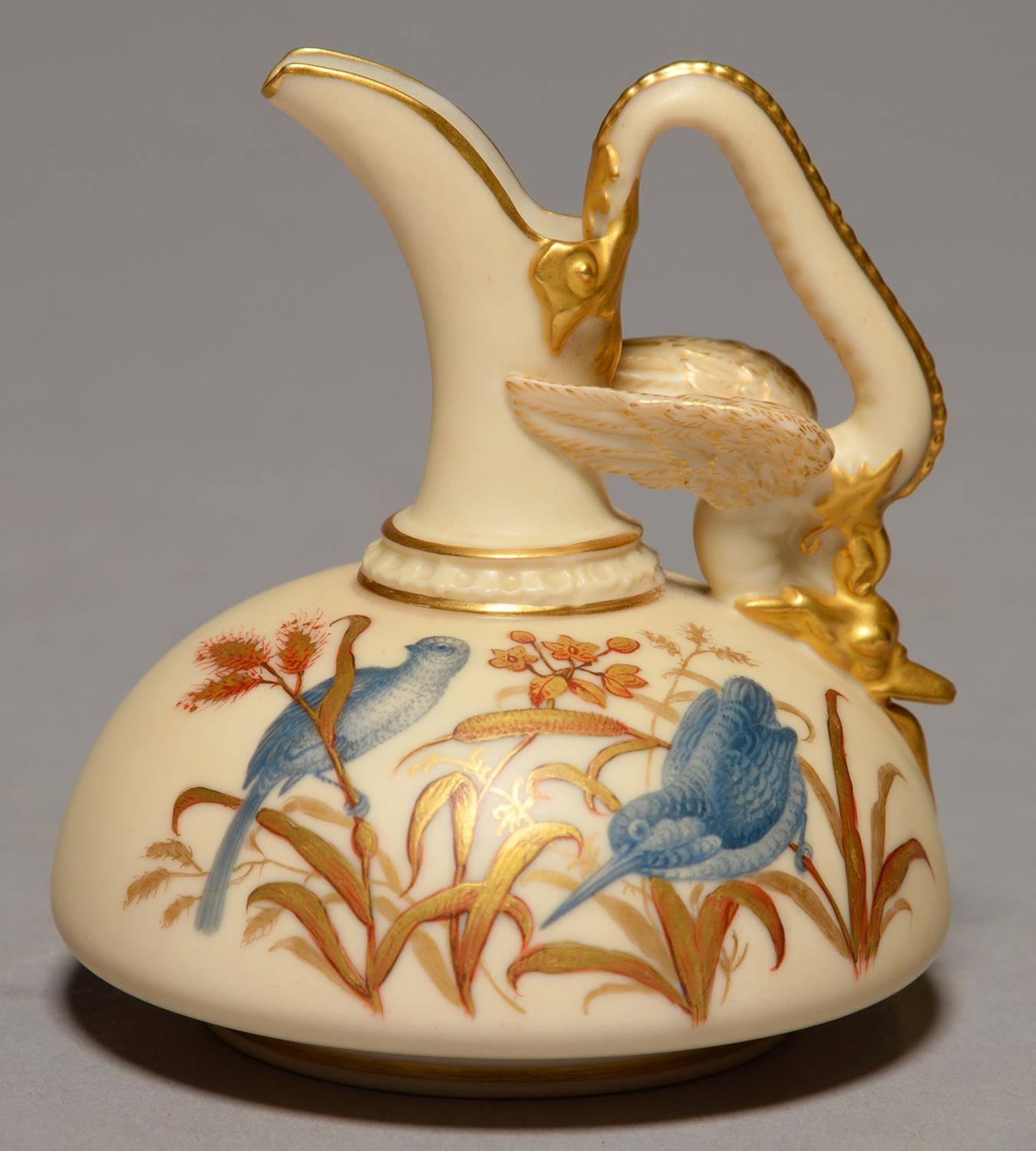 A ROYAL WORCESTER FLAT DRAGON-HANDLED EWER, 1888, PAINTED IN BLUE MONOCHROME WITH BIRDS AND BLUE AND