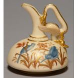 A ROYAL WORCESTER FLAT DRAGON-HANDLED EWER, 1888, PAINTED IN BLUE MONOCHROME WITH BIRDS AND BLUE AND