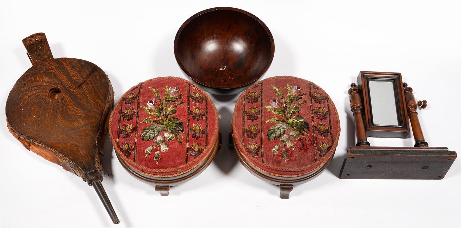 A PAIR OF LATE VICTORIAN STAINED WOOD AND BEADWORK FOOTSTOOLS, C1890, 25CM DIA, A PAIR OF ELM HEARTH