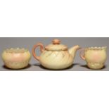 A LOCKE & CO WORCESTER TEAPOT AND COVER AND CREAM JUG AND SUGAR BOWL, C1902-14, IN SHADED APRICOT
