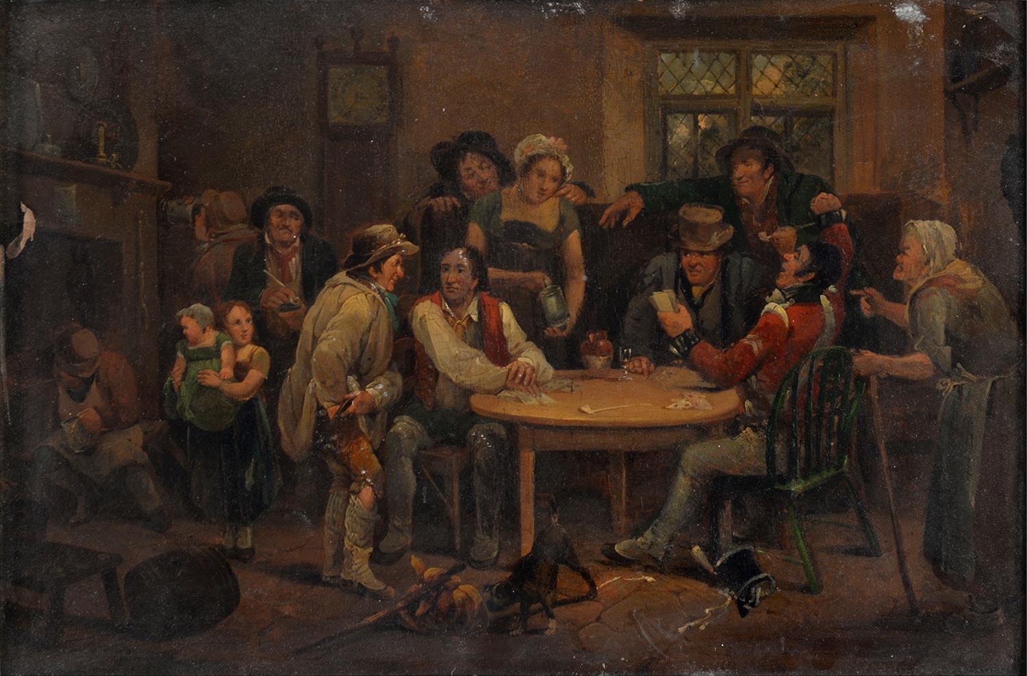 J WILLIS (FL EARLY 19TH C) - INTERIOR OF A COUNTRY INN WITH CARD PLAYERS, SIGNED (I WILLIS PINXT)