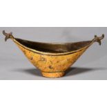 A QAJAR BRASS AND LACQUER BEGGAR'S BOWL, KASHKUL, 21.5CM OVER HANDLES Lacquer ripped and worn with