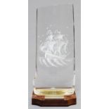 MARITIME INTEREST. SAIL AMSTERDAM 700, WAVE SHAPED ENGRAVED GLASS RACING TROPHY, 1975, MOUNTED ON