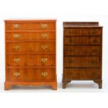 A STAINED HARDWOOD CHEST OF DRAWERS, C1930, 103CM H; 61 X 44CM AND A YEW WOOD CHEST OF DRAWERS ON