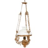 AN ORNATE CAST METAL HANGING OIL LAMP, LATE 19TH C, WITH DETACHABLE FOUNT AND BURNER,