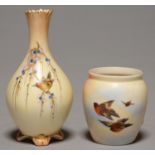 TWO LOCKE & CO WORCESTER VASES, C1896-1903 AND C1902-14, PAINTED WITH BIRDS ON SHADED APRICOT