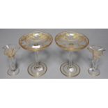 A PAIR OF FRENCH GILT GLASS TAZZE AND TWO SIMILAR TRUMPET SHAPED VASES, EARLY 20TH C, TAZZE 20CM H