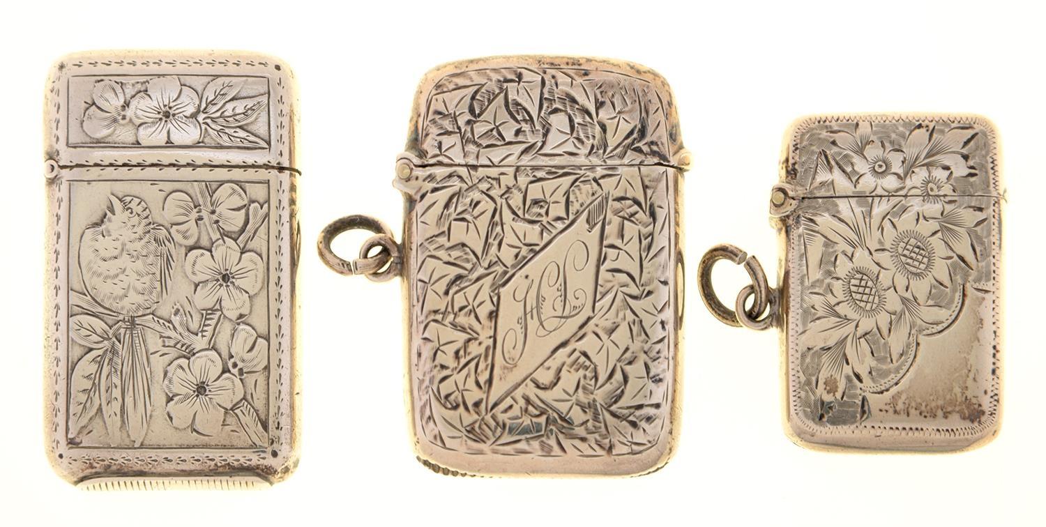 ONE EDWARDIAN AND THREE VICTORIAN SILVER VESTA CASES, APRROX 36-46MM H, VARIOUS MAKERS AND DATES,