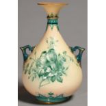 A HADLEY'S WORCESTER VASE, 1897-1900, DECORATED IN GREEN MONOCHROME WITH BIRDS ON A SHADED APRICOT