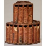 A VICTORIAN BOW FRONTED TOOLED LEATHER COVERED WOOD TABLE TOP BOOKCASE, THE TWELVE ORIGINAL