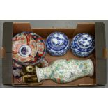 TWO JAPANESE IMARI BOWLS AND TWO DISHES, EARLY 20TH C, A 19TH C BRASS CHAMBERSTICK, ETC As a lot, in