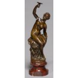A FRENCH  BRONZE STATUETTE OF A  NAKED WOMAN ON ROCKS, LATE 19TH C, CAST FROM A MODEL BY EUGENE