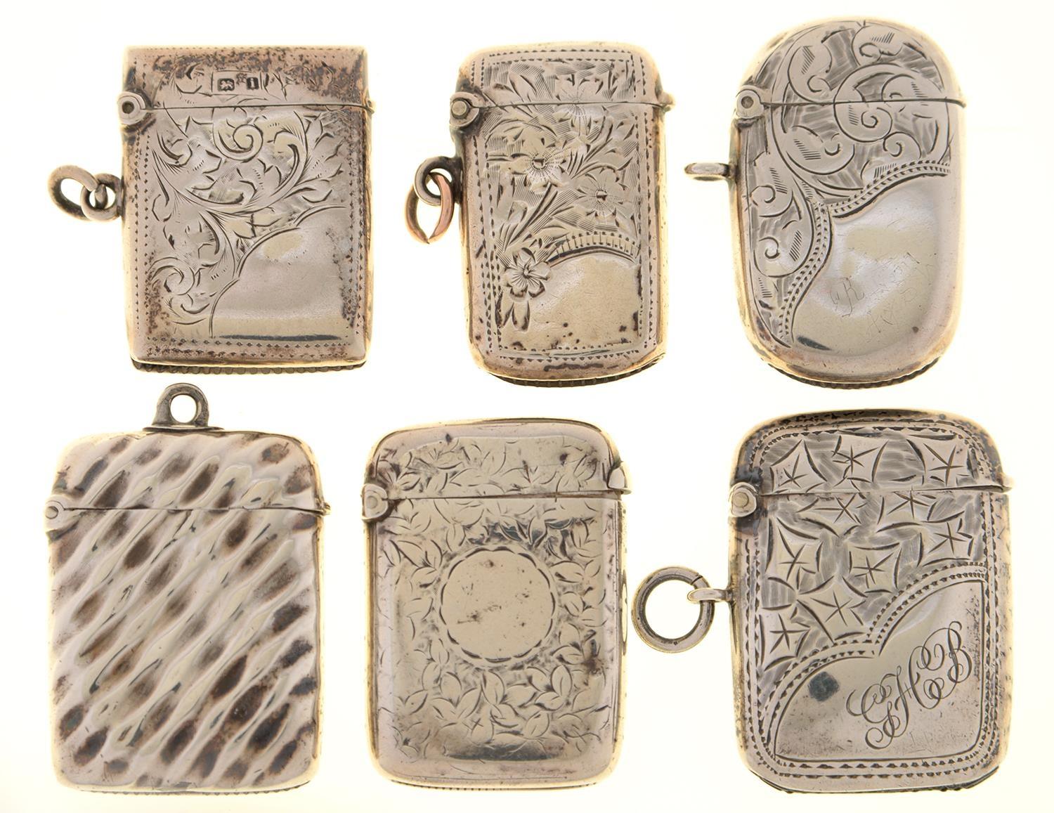 SIX VICTORIAN-GEORGE V SILVER VESTA CASES, VARIOUS SIZES AND MAKERS, 3 OZ As a lot, in good