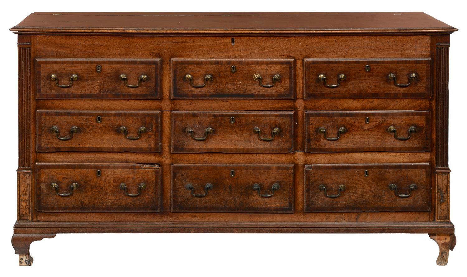 A GEORGE III OAK, CROSSBANDED AND INLAID CHEST, NORTH WEST ENGLAND, EARLY 19TH C, WITH MOULDED