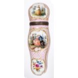 A FRENCH PORCELAIN ETUI, LATE 19TH C, WITH GILT SILVER COLOURED METAL MOUNT, MOULDED IN SHALLOW