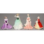 TWO ROYAL DOULTON AND TWO COALPORT BONE CHINA FIGURES OF YOUNG LADIES, 22CM H AND SMALLER, PRINTED